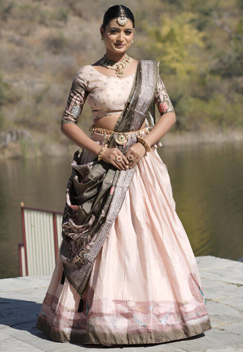 Digital Printed Art Silk Lehenga in Peach