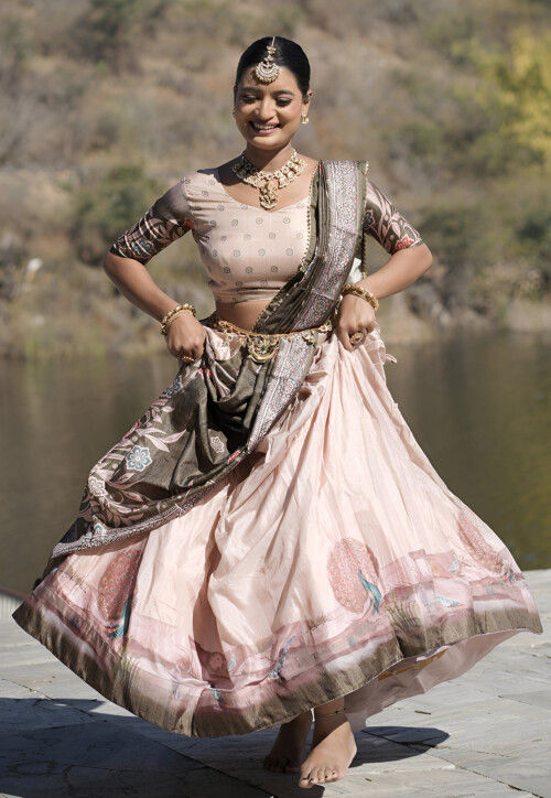 Digital Printed Art Silk Lehenga in Peach