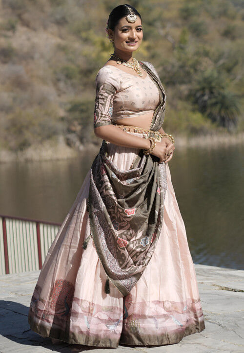 Digital Printed Art Silk Lehenga in Peach