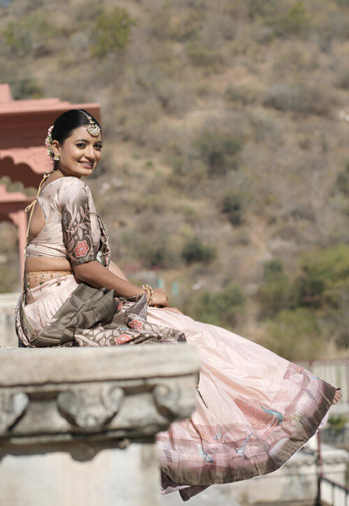 Digital Printed Art Silk Lehenga in Peach
