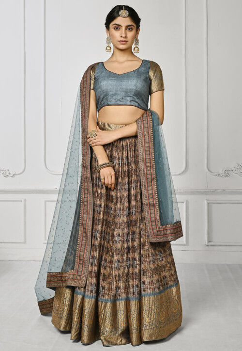Buy Grey Silk Leaf Neck Bridal Lehenga Set For Women by Neha Mehta Couture  Online at Aza Fashions.