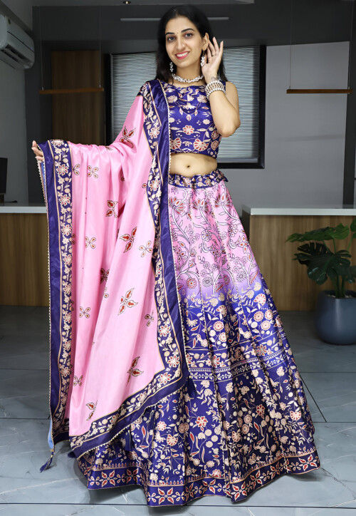Digital Printed Art Silk Lehenga in Shaded Pink and Purple 