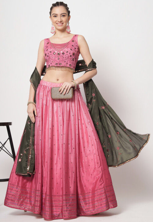 Digital Printed Art Silk Lehenga in Pink