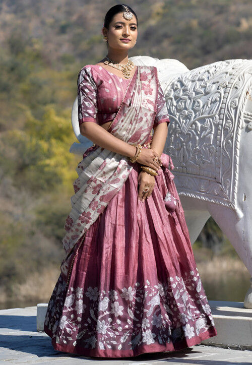 Digital Printed Art Silk Lehenga in Pink