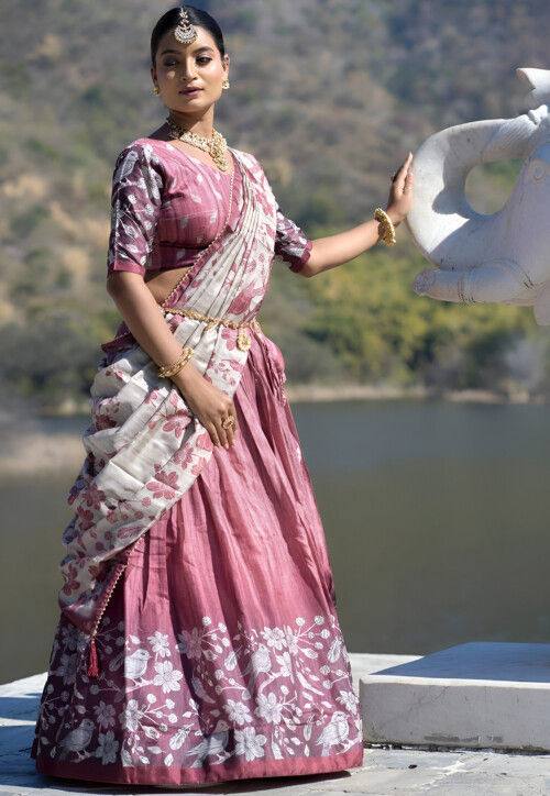 Digital Printed Art Silk Lehenga in Pink