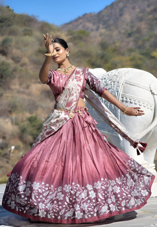 Digital Printed Art Silk Lehenga in Pink