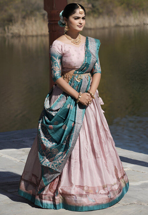 Digital Printed Art Silk Lehenga in Pink