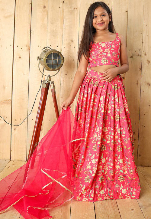 Digital Printed Art Silk Lehenga in Pink