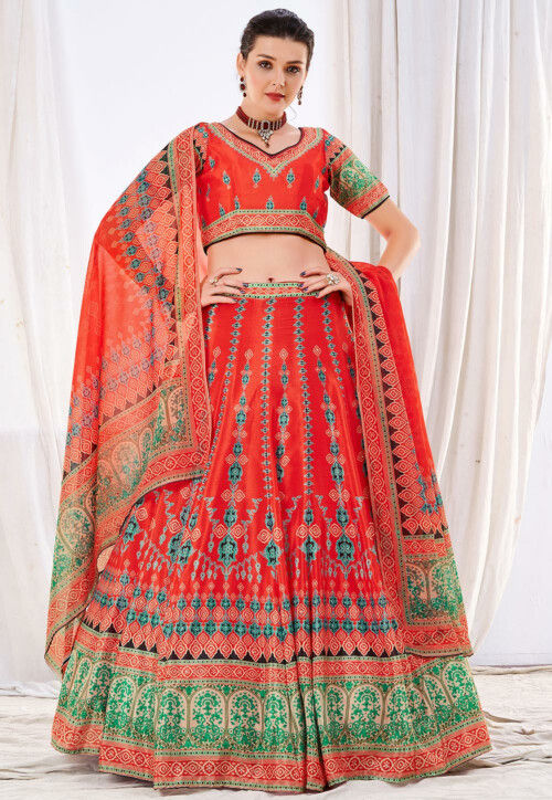 Digital Printed Art Silk Lehenga in Red