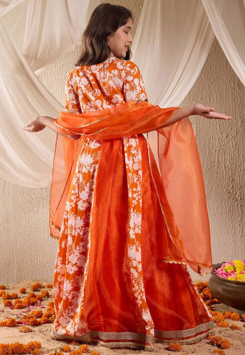 Digital Printed Art Silk Lehenga in Rust