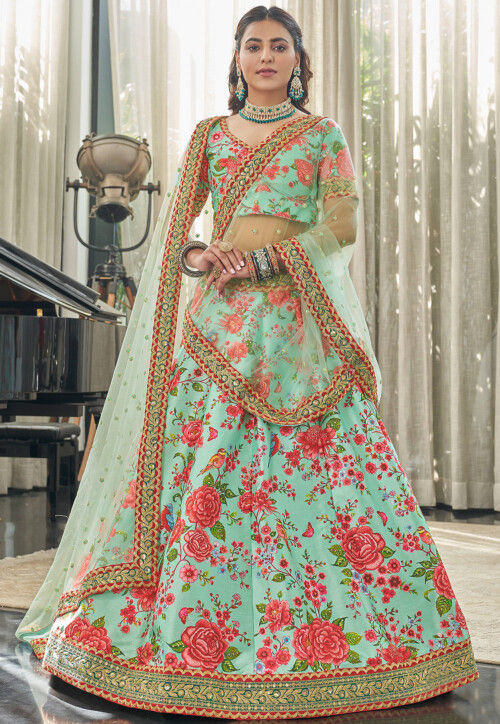 Buy Green Raw Silk Embroidery V Neck Bridal Lehenga Set For Women by  Riantas Online at Aza Fashions.