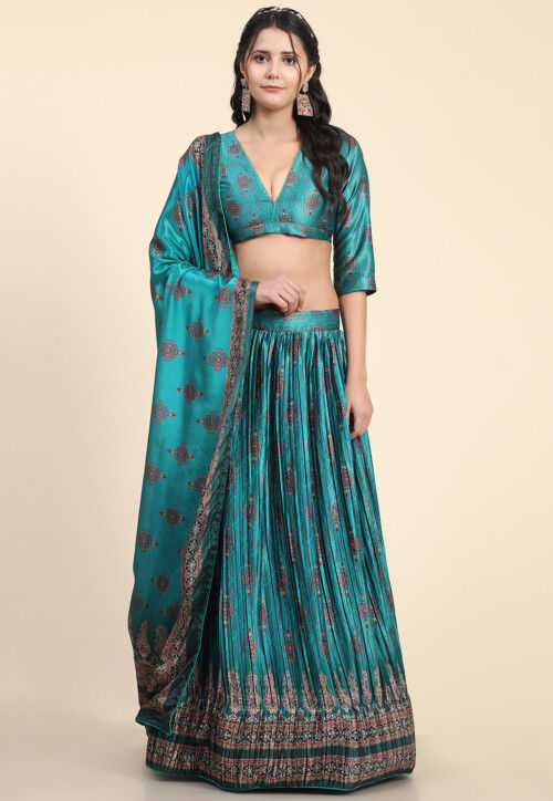 Digital Printed Art Silk Lehenga in Teal Blue