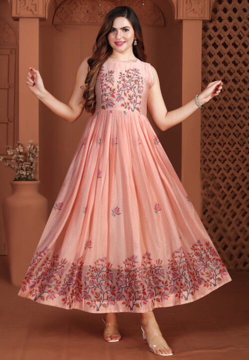 Buy Digital Printed Art Silk Maxi Dress in Peach Online : TNQ198 - Utsav  Fashion