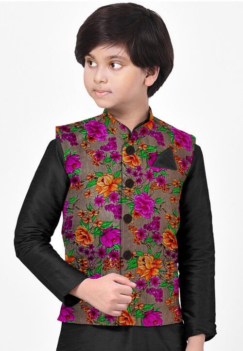 Digital Printed Art Silk Nehru Jacket in Dark Beige