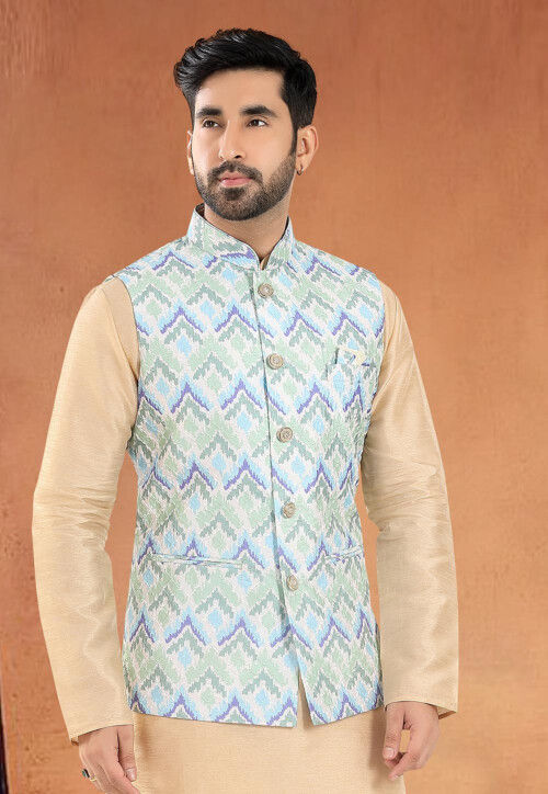 Digital Printed Art Silk Nehru Jacket in Dusty Green