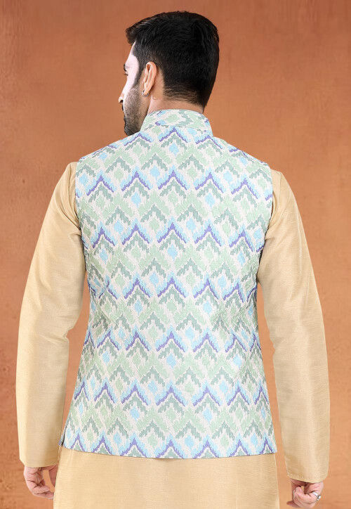 Digital Printed Art Silk Nehru Jacket in Dusty Green