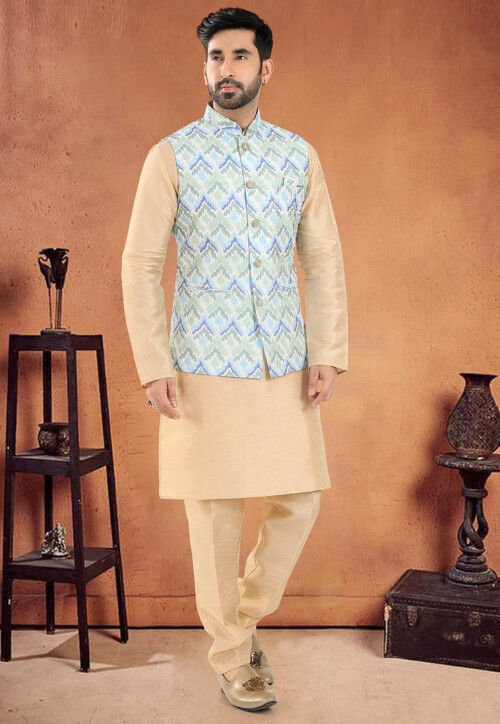 Digital Printed Art Silk Nehru Jacket in Dusty Green
