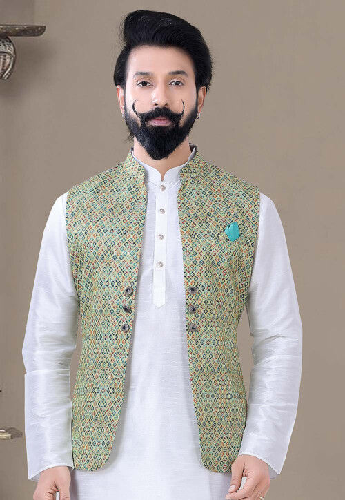 Digital Printed Art Silk Nehru Jacket in Green