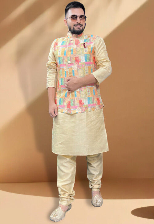 Cotton Silk Mirror Work Groom Wear Kurta With Pajama Collection at Rs  1595/piece | Men Kurta With Nehru Jacket in Surat | ID: 24961497191