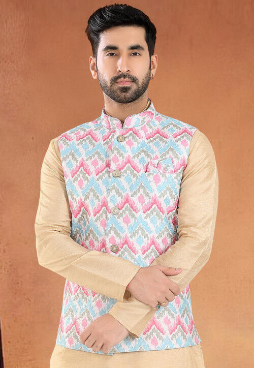 Digital Printed Art Silk Nehru Jacket in Multicolor
