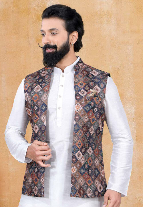 Digital Printed Art Silk Nehru Jacket in Multicolor MUY779