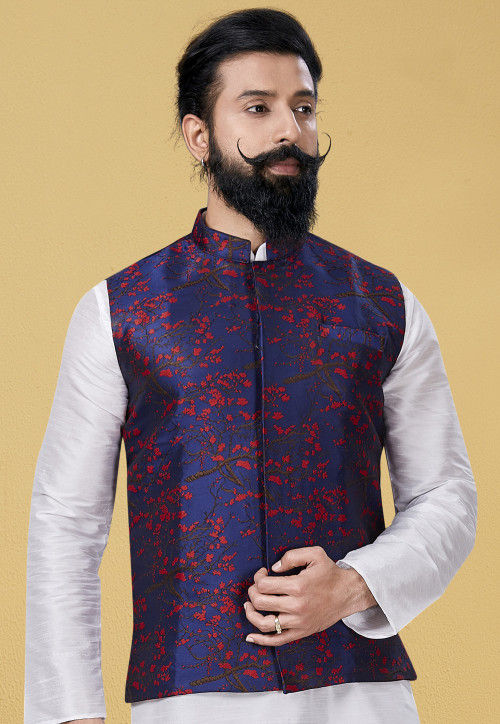 Buy Digital Printed Art Silk Nehru Jacket in Navy Blue Online MDW57 Utsav Fashion