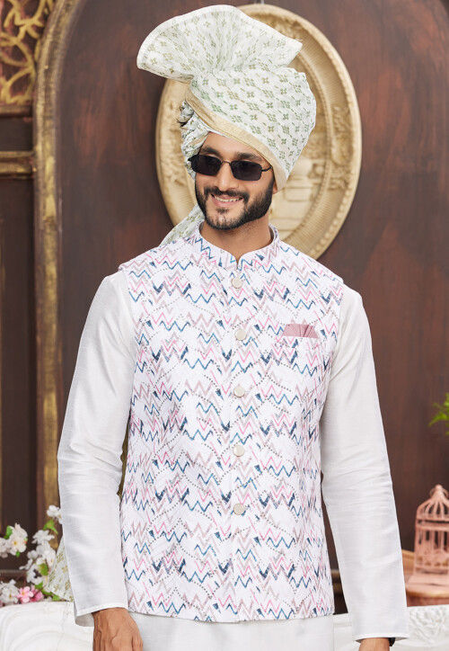 Digital Printed Art Silk Nehru Jacket in Off White