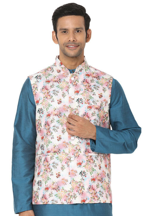 Digital Printed Art Silk Nehru Jacket in Off White MTZ143