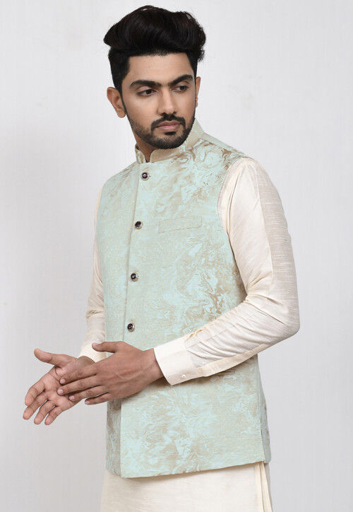 Digital Printed Art Silk Nehru Jacket in Pastel Green MTX1686