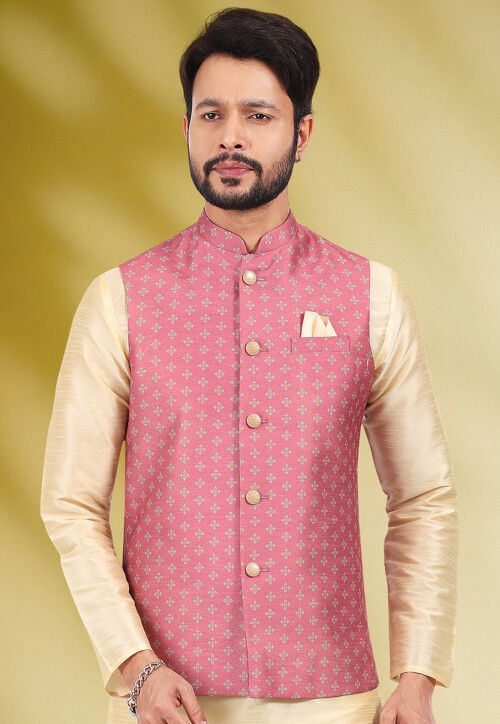 Sojanya (Since 1958), Mens Silk Blend Beige & Gold Embroidered Nehru Jacket