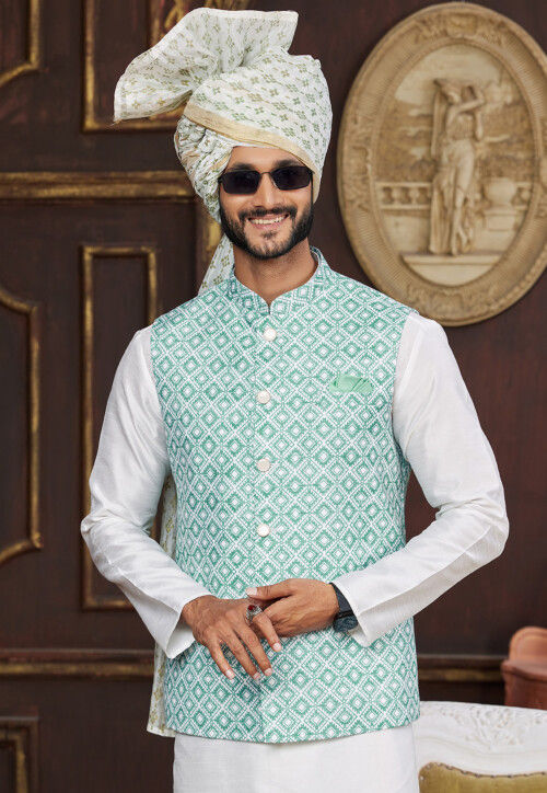 Buy Digital Printed Art Silk Nehru Jacket in Sea Green Online MLY2298 Utsav Fashion