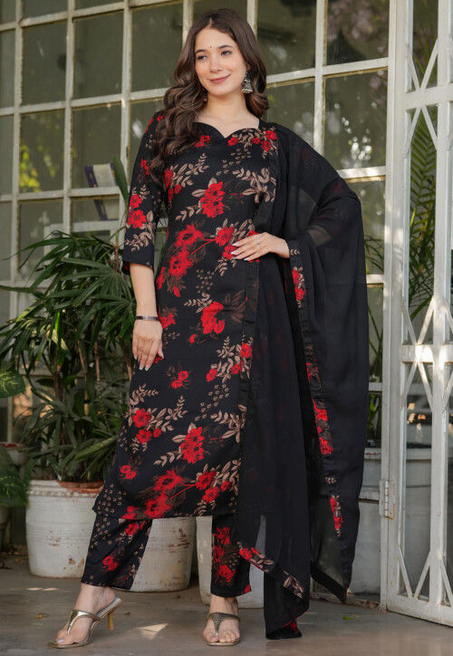 Digital Printed Art Silk Pakistani Suit in Black