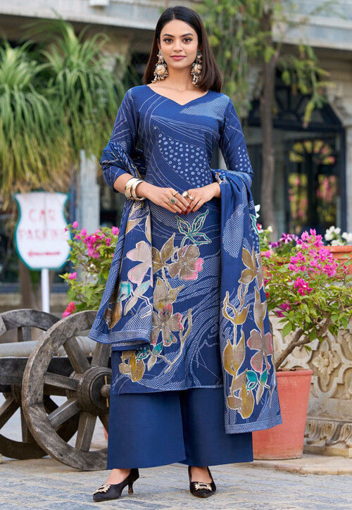 Digital Printed Art Silk Pakistani Suit in Blue