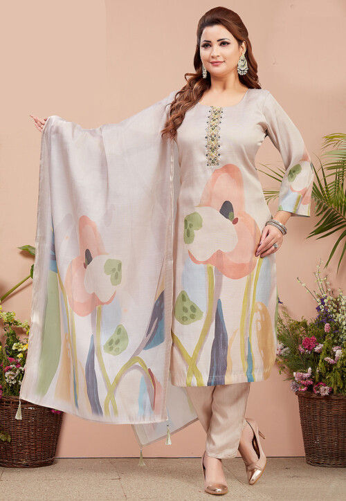Digital Printed Art Silk Pakistani Suit in Cream and Multicolor