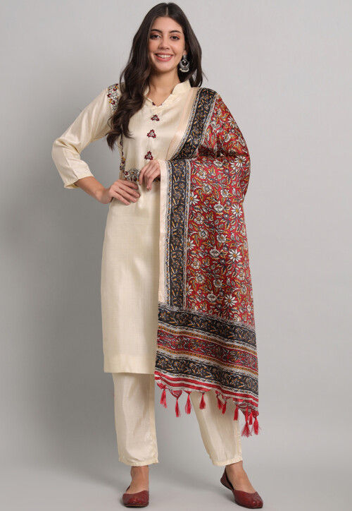 Digital Printed Art Silk Pakistani Suit in Cream