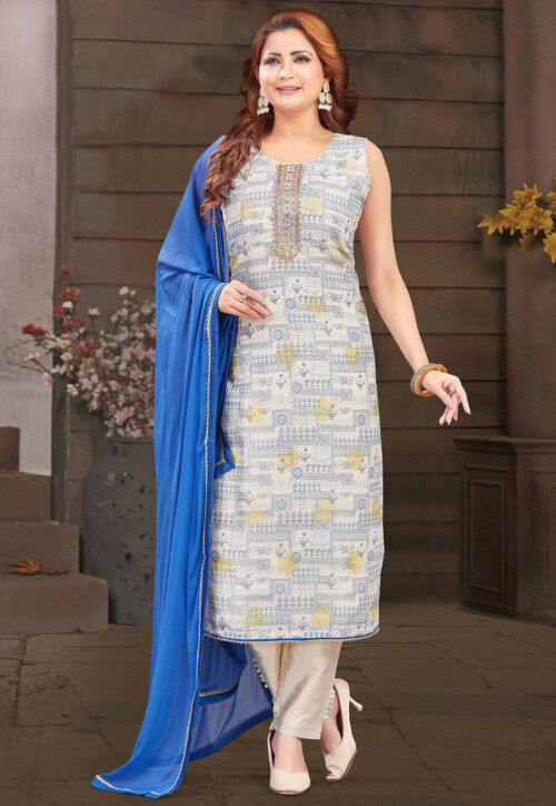Digital Printed Art Silk Pakistani Suit in Cream
