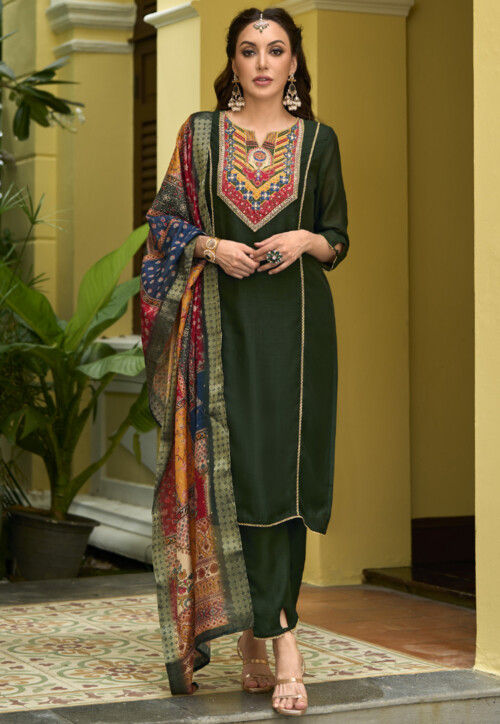 Digital Printed Art Silk Pakistani suit in Dark Olive Green