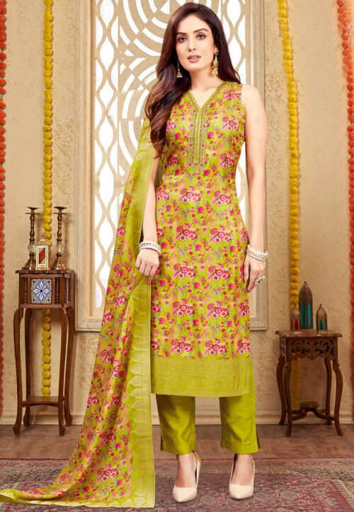 Digital Printed Art Silk Pakistani Suit in Light Green