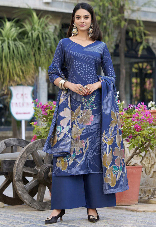 Digital Printed Cotton Silk Pakistani Suit in Navy Blue