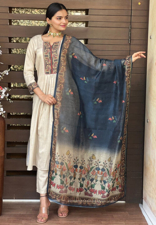 Digital Printed Art Silk Pakistani Suit in Off White