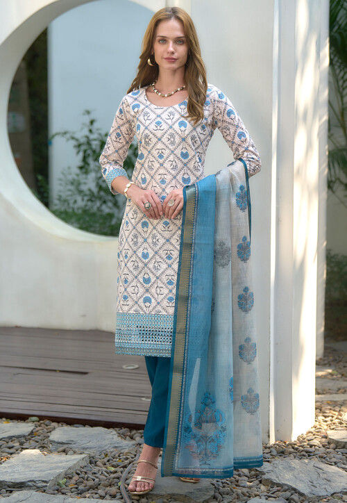 Digital Printed Art Silk Pakistani Suit in Off White