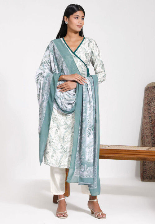 Digital Printed Art Silk Pakistani Suit in Off White