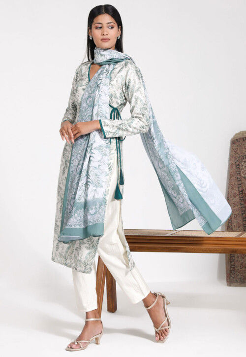Digital Printed Art Silk Pakistani Suit in Off White