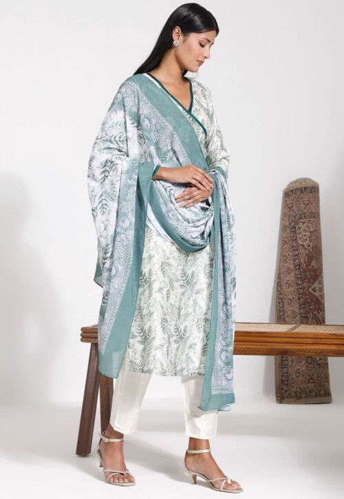 Digital Printed Art Silk Pakistani Suit in Off White