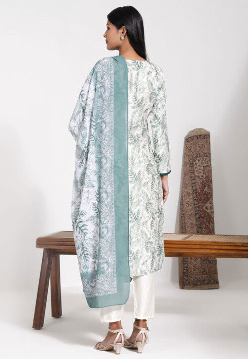Digital Printed Art Silk Pakistani Suit in Off White