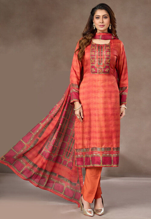 Digital Printed Art Silk Pakistani Suit in Orange