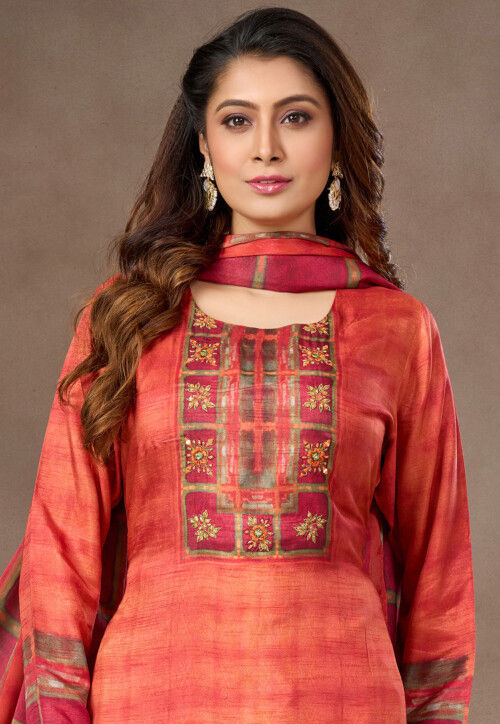 Digital Printed Art Silk Pakistani Suit in Orange