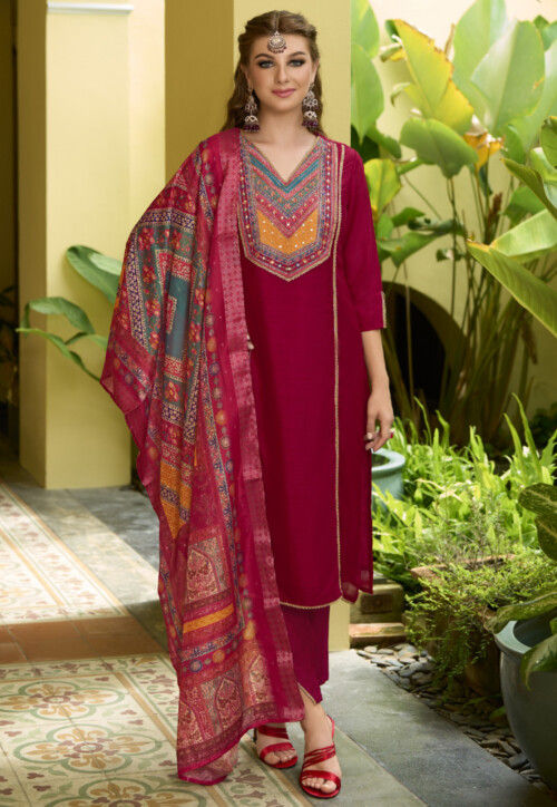 Digital Printed Art Silk Pakistani suit in Red