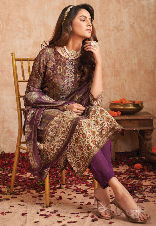 Digital Printed Art Silk Pakistani Suit in Purple
