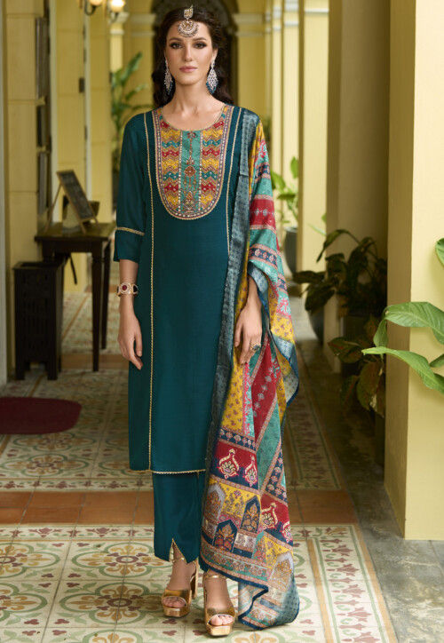 Digital Printed Art Silk Pakistani suit in Teal Blue